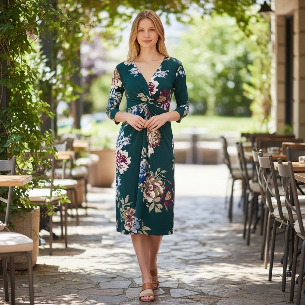 Reborn Dark Floral Midi Dress S Twist Green V-Neck 3/4 Sleeve‎ Modest Stretch